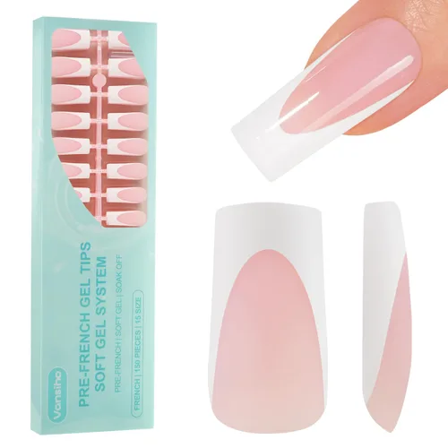Vista 12 de Vansiho Uñas postizas de gel francés de almendra media, uñas suaves rosadas