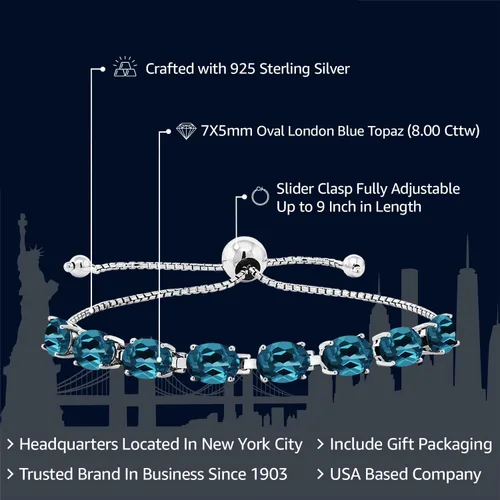 Vista 93 de Gem Stone King Pulsera de plata de ley 925 con piedra natal ovalada de 0.276 x 0.197 in para mujer, totalmente ajustable hasta 9 pulgadas