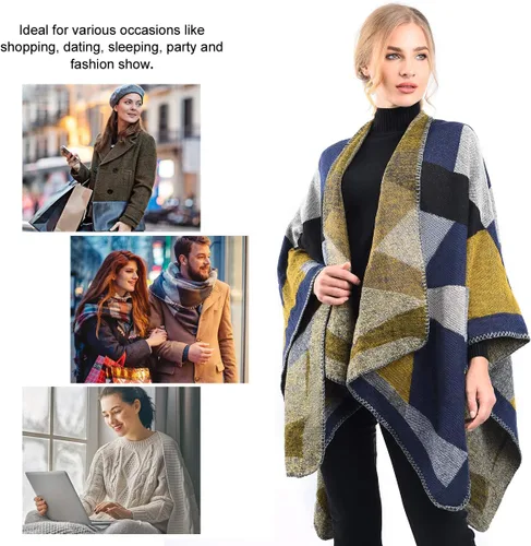 Vista 7 de OOPOR Chal cálido de invierno para mujer, capa de lana de punto para otoño, ponchos a cuadros, suéter, bufanda de forro polar