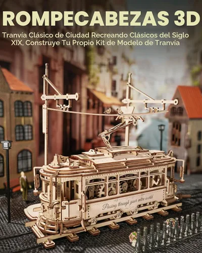 Vista 2 de RoWood Rompecabezas 3D para adultos, kit de modelo de automóvil, rompecabezas de madera 3D, modelo de tranvía mecánico, kit de construcción