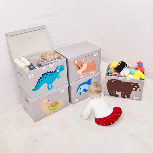 Vista 6 de CLCROBD Cofre plegable grande de juguetes para niños con tapa abatible, organizador de almacenamiento de juguetes de animales de tela plegable