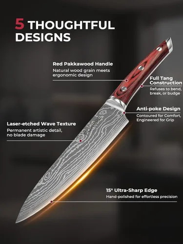 Vista 2 de FOHERE Juego de cuchillos de chef, 5 cuchillos de cocina ultra afilados con mango ergonómico de madera de Pakka roja, juego de cuchillos