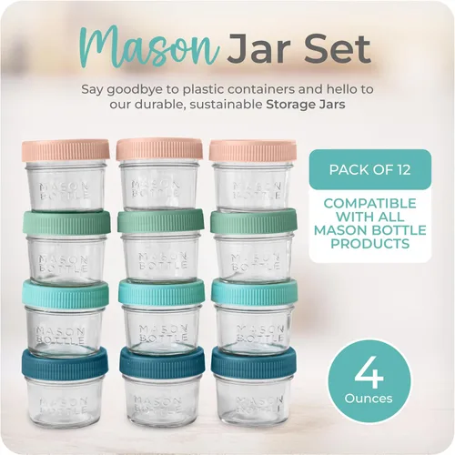 Vista 2 de Mason Bottle Tarros de almacenamiento de leche materna de 4 onzas (paquete de 12) – Recipientes de vidrio reutilizables para alimentos para bebés