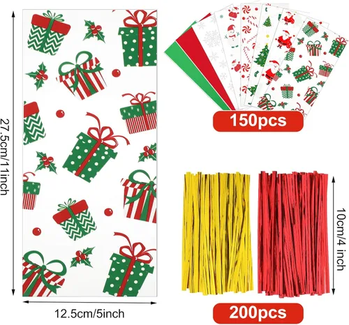Vista 2 de 120 bolsas de regalo de Navidad, bolsas de celofán de Navidad, bolsas de dulces, bolsas de golosinas con 200 lazos giratorios para fiestas