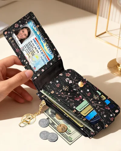 Vista 5 de Cartera delgada pequeña para tarjetas para mujeres – Linda cartera con llavero con bloqueo RFID que sostiene 7 tarjetas, diseño de moda de cuero