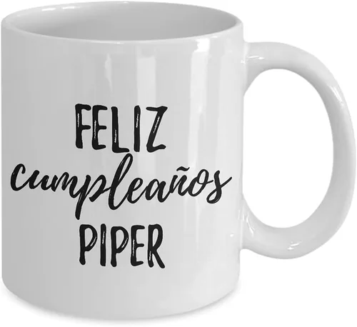 Vista 2 de Feliz Cumpleanos Piper Mug Spanish Happy Birthday Personalized Name Gift Coffee Tea Cup 11 oz