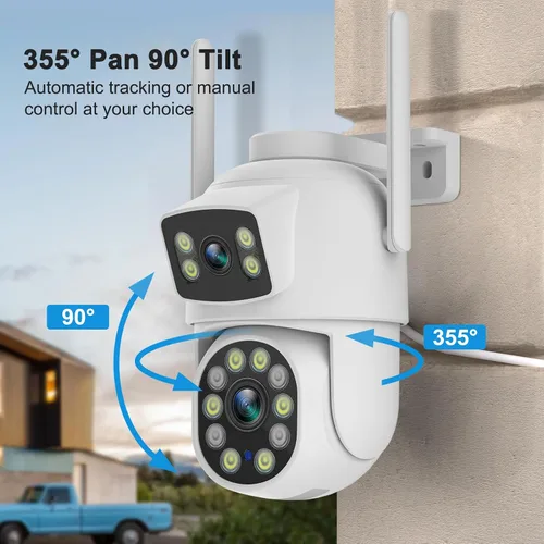 Vista 3 de Cámara de seguridad para exteriores de doble lente 2K, panorámica/inclinación de 360°, cámaras de enlace inalámbrico WiFi 2.4G para seguridad