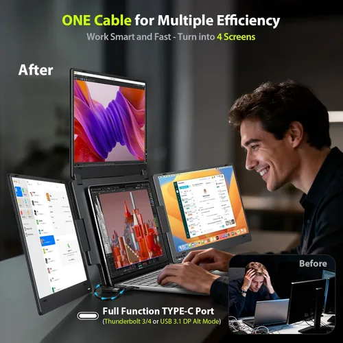 Vista 2 de Extensor de monitor para portátil de triple pantalla, monitor cuádruple FHD 1080P de 15.6 pulgadas, 1 conexión USB-C para 4 pantallas, aleación