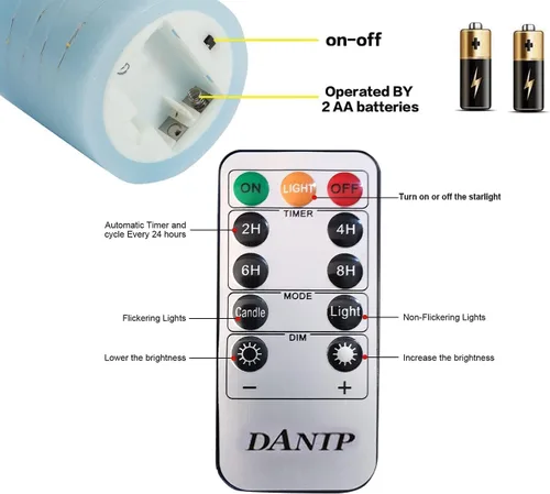 Vista 6 de DANIP - Vela LED sin llama azul cielo, con cuerda de estrella integrada, juego de 3 velas LED, con control remoto de 11 botones, función