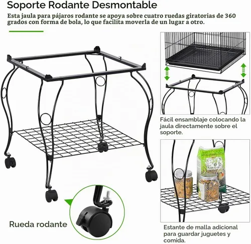 Vista 6 de Yaheetech - Jaula para pájaros de 150 cm, de pie, rodante, de cúpula media, con parte superior abierta, para loros, cacatúas, conuras del sol