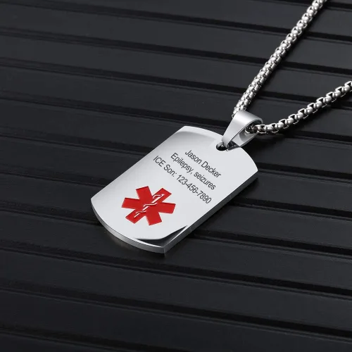 Vista 3 de Collar de alerta médica personalizada de acero inoxidable para hombres y mujeres, etiqueta de identificación médica de emergencia grabada para él