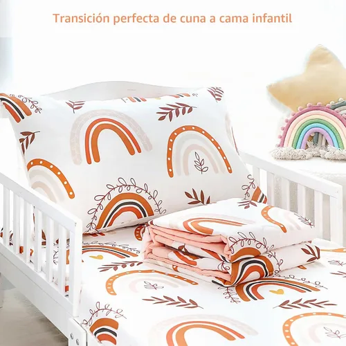 Vista 4 de Pea Pod Juego de ropa de cama de muselina para niños pequeños arcoíris de 3 piezas - Ropa de cama suave y transpirable para cuna con sábana
