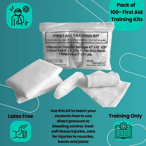 Vista 3 de Kit de entrenamiento de primeros auxilios con rodillo de gasa con almohadillas de gasa y vendajes triangulares y guantes, paquete de 10 MCR Medical