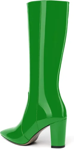 Vista 168 de AMBELIGHT Botas altas hasta la rodilla con cremallera y puntera puntiaguda para mujer, de patente sólida, tacón alto, 3.3 pulgadas