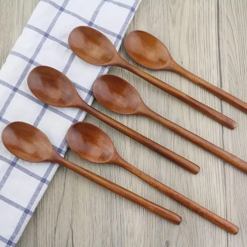 Vista 2 de Cucharas de madera coreanas de 9 pulgadas para comer, 6 cucharas pequeñas Marrón