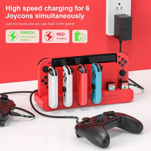Vista 5 de Base de carga para controlador de interruptor compatible con Nintendo Switch OLED Mario Red Edition y Switch Model Joycon, estación de carga