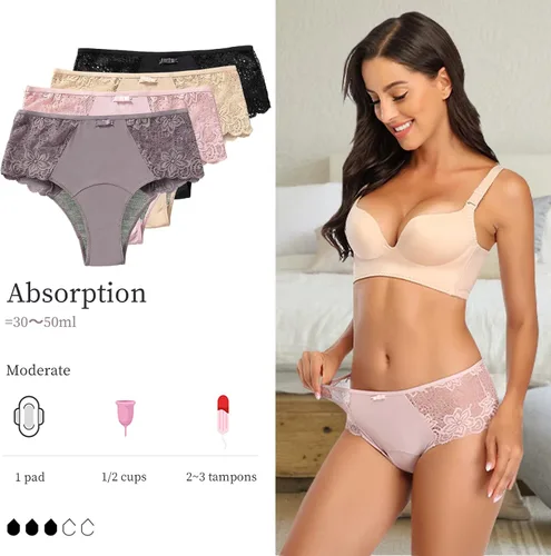 Vista 4 de Intiflower Ropa interior para mujer, a prueba de fugas, ropa interior menstrual de encaje, transpirable y suave