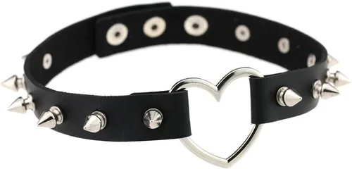 Vista 2 de FM FM42 Multicolor Simulated Leather PU Black-toneSilver-tone Heart Ring Rivet Spiked Necklace Neckband Choker
