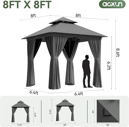 Vista 8 de Aoxun 8'x8' Outdoor Gazebo Metal Frame Canopy Tent with Curtains (Gray)