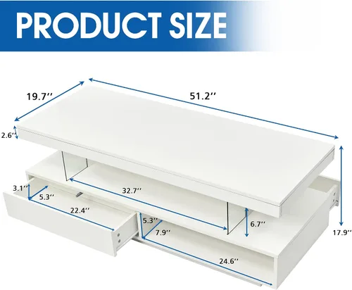 Vista 2 de Mesa de centro LED con almacenamiento, mesas de centro LED de alto brillo para sala de estar, mesa central con estante abierto y cajones Blanco