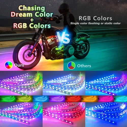 Vista 3 de 8 piezas de kit de luces LED para motocicleta Chasing Dreamcolor con/APP/control remoto RF, señal de giro y freno, tira de luces LED subterráneas