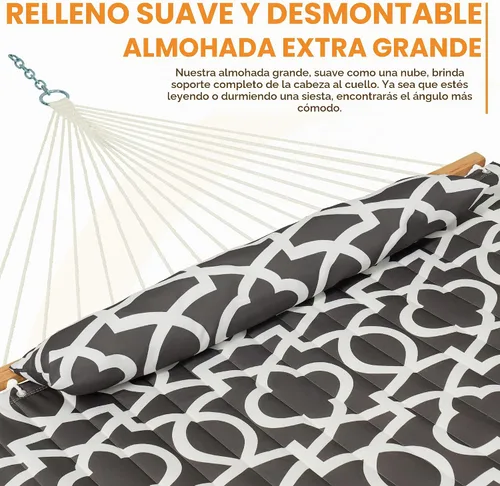 Vista 3 de Lazy Daze Hammocks Hamaca de tela acolchada de 12 pies con almohada suave, hamaca doble para 2 personas para árbol con barra separadora para Gris