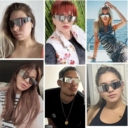 Vista 4 de Azoxus Gafas de sol envolventes sin montura para mujeres y hombres Cyberpunk Y2k, gafas futuristas con espejo AZ9597