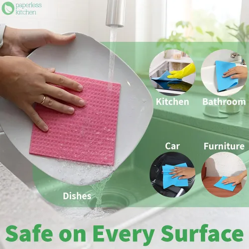 Vista 6 de Paños de cocina suecos reutilizables (paquete de 4) – Paños de limpieza de cocina ultra absorbentes y ecológicos – Toalla de papel alternativa