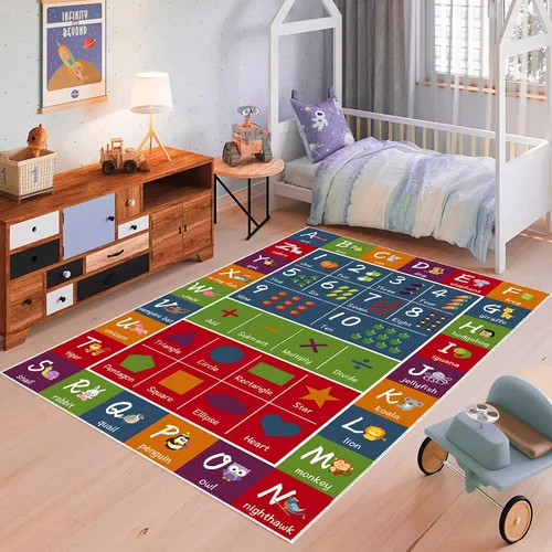 Vista 7 de ABC - Alfombra educativa para niños, con números de alfabetos, divertida, alfombra de juego para niños, tapete de piso con patrón de dibujos