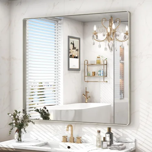 Vista 33 de Espejo rectangular para pared de baño de 20x30 pulgadas con marco negro mate, espejo de tocador con esquinas redondeadas, espejo de baño de metal