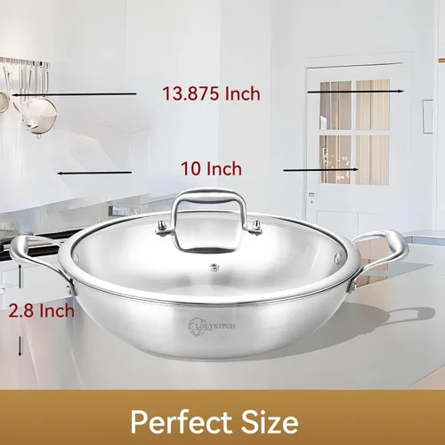 Vista 6 de LOLYKITCH Wok de acero inoxidable de tres capas de 10 pulgadas con tapa, olla de cocción de inducción de 2.5 cuartos de galón, apta