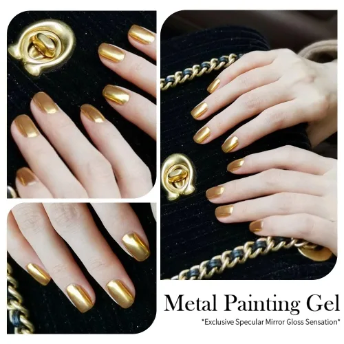 Vista 3 de Esmalte de uñas de gel de pintura metálica dorada de 0.3 fl oz, esmalte de uñas de gel metálico espejo 3D, flores/líneas de dibujo de gel metálico