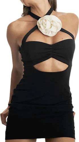 Vista 3 de NUFIWI Vestido corto sexy con cuello halter para mujer, sin mangas, irregular, con volantes, entallado, sin espalda, fruncido, vestido de fiesta