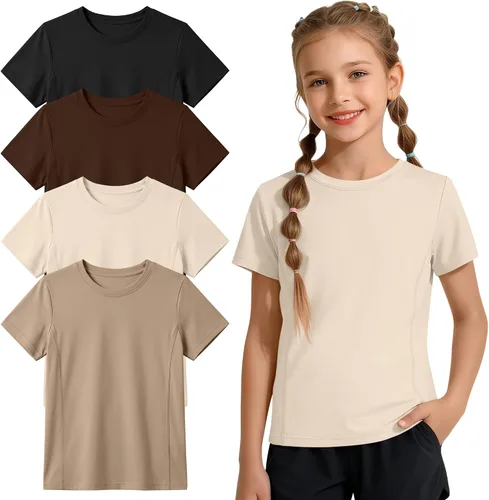 Vista 7 de Paquete de 4 camisetas atléticas de manga corta para niñas, de secado rápido, camisetas activas de verano con cuello redondo y ropa deportiva