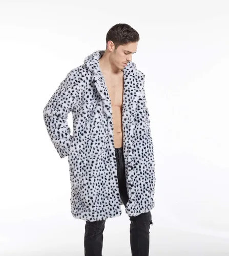 Vista 3 de UMREN Abrigos de piel sintética de leopardo para hombre, chaqueta larga de lujo, parka cárdigans