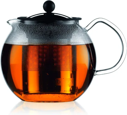 Vista 8 de Bodum Prensa de té de vidrio Assam de 34 oz con filtro de acero inoxidable, tapa de plástico negro