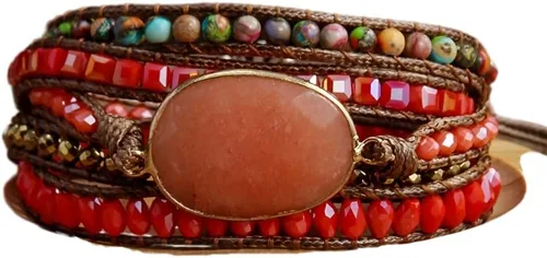 Vista 9 de Women Boho Wrap Bracelet Natural Jasper Crystal Stone Bead Strand Bracelets Marrón