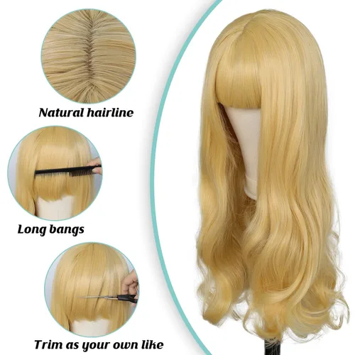 Vista 5 de ANOGOL Gorro de pelo + 31.5 in32 pulgadas, peluca amarilla rizada para anime, cosplay, mujer, peluca larga rubia con flequillo, cabello amarillo