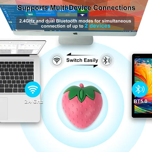 Vista 2 de Ratón inalámbrico Bluetooth con forma de fresa de fruta linda 2.4 GHz y Bluetooth 1000 DPI Ratones ópticos para computadora con receptor USB, mouse
