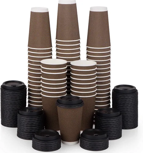 Vista 9 de Promora Tazas de café desechables marrones con tapas de 16 onzas, tazas de papel onduladas de papel aislado premium para café caliente