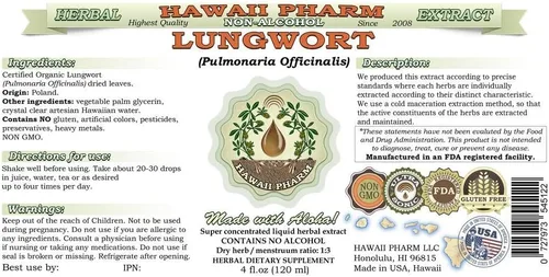 Vista 2 de Hawaii Pharm Lungwort Extracto líquido sin alcohol, grado profesional, pulmonaria lote pequeño (Pulmonaria officinalis), glicerita de hoja seca, 32
