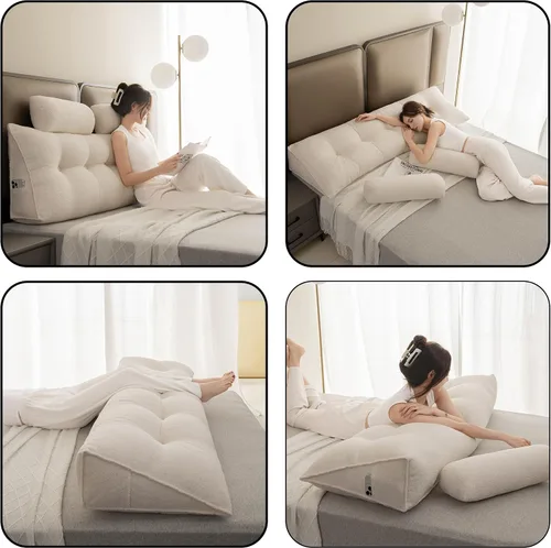 Vista 3 de Almohada de cabecero tamaño twin, con almohada de rollo cervical, con dos grandes bolsillos laterales, funda extraíble, para descanso en cama