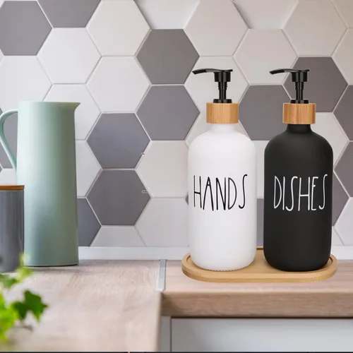 Vista 7 de Juego de 4 dispensadores de jabón y loción de manos y platos blanco y negro con bandeja para decoración de granja para baño y fregadero de cocina