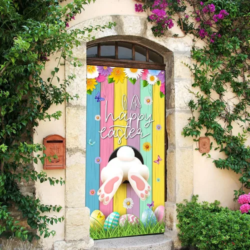 Vista 5 de Cubierta de puerta de Pascua, decoración de conejo, huevo y conejo, decoración de margaritas, pancarta de puerta, decoración de granja