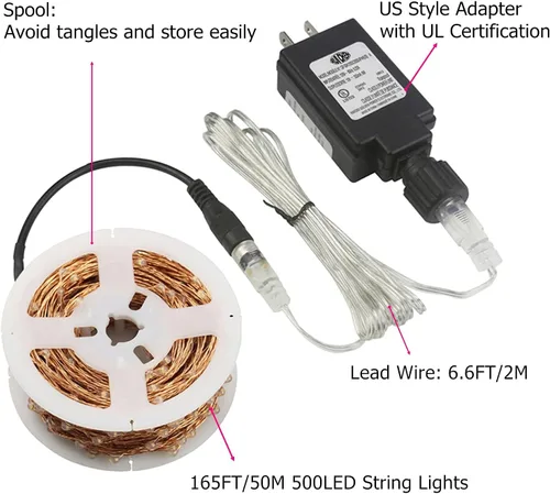 Vista 4 de RUICHEN Guirnalda de luces de alambre de cobre enchufable súper larga de 165 pies, 500 luces LED estrelladas con carrete, blanco cálido