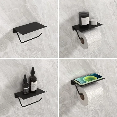 Vista 6 de Soporte de papel higiénico con estante para teléfono, accesorios de baño, dispensador de rollo de pañuelos de almacenamiento montado en la pared
