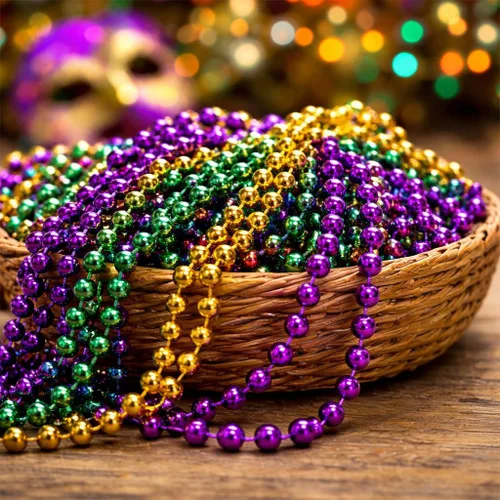 Vista 5 de Oojami 144 cuentas de Mardi Gras a granel, collares metálicos redondos de 33 pulgadas de 0.276 in, regalos de fiesta dorados, verdes y morados