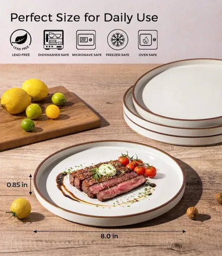 Vista 2 de LERATIO Platos de Cerámica, Juego de 6 Platos Planos de Ensalada de 8.0 Pulgadas, Platos Modernos de Borde Alto para Cocina, Aptos para Microondas