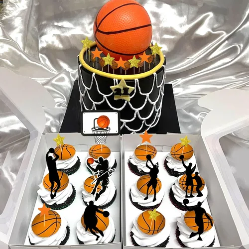 Vista 6 de 29 adornos de baloncesto para tartas de baloncesto con bolas doradas de estrella para cumpleaños de hombres