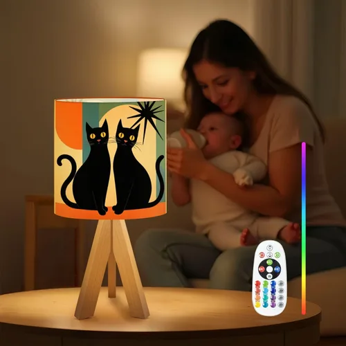 Vista 4 de Tripod Table Lamp Mid Century Modern Black Cat Retro Atomic Halloween Bedside Lamps Small Lamp Nightstand Lamp with Linen Lampshade Table Lamps for